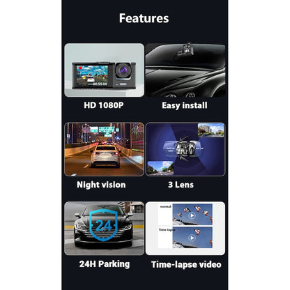 Háromszoros Fedélzeti Kamera, Full HD 1080P, 170° Szög, Éjjellátó, G-Érzékelő, 32GB Kártyával