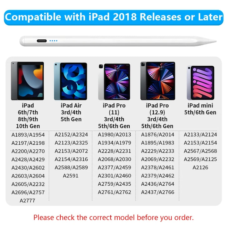 AOVO Stylus iPad toll, tenyér-elutasító funkció, ferde nyomás, USB-C, fehér