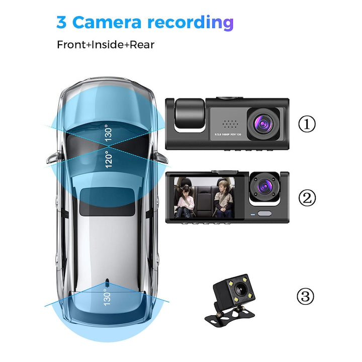 Háromszoros Fedélzeti Kamera, Full HD 1080P, 170° Szög, Éjjellátó, G-Érzékelő, 32GB Kártyával
