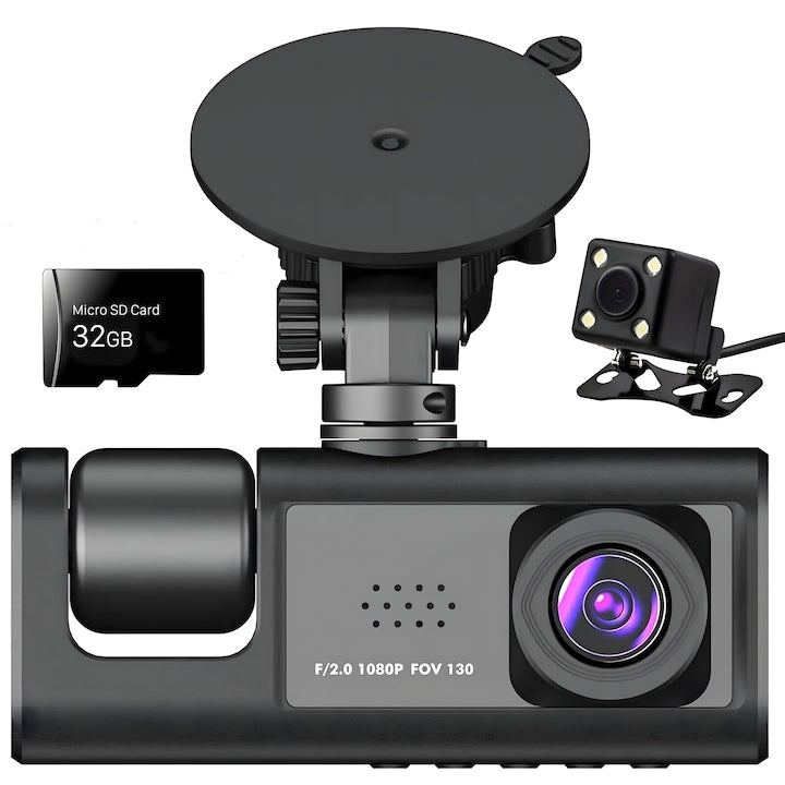 Háromszoros Fedélzeti Kamera, Full HD 1080P, 170° Szög, Éjjellátó, G-Érzékelő, 32GB Kártyával