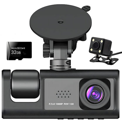 Háromszoros Fedélzeti Kamera, Full HD 1080P, 170° Szög, Éjjellátó, G-Érzékelő, 32GB Kártyával