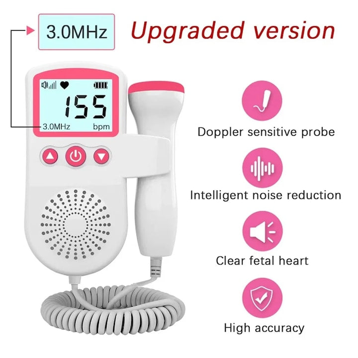 AOVO, Magzati Doppler monitor magzati életfunkciók mérésére, LCD kijelzővel , zajcsökkentés, Fejhallgatóval és hangszórókkal kompatibilis, Rózsaszín