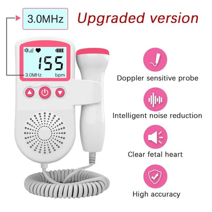 AOVO, Magzati Doppler monitor magzati életfunkciók mérésére, LCD kijelzővel , zajcsökkentés, Fejhallgatóval és hangszórókkal kompatibilis, Rózsaszín