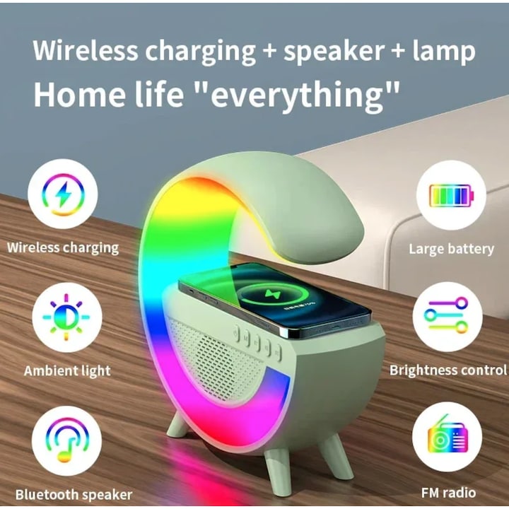 AOVO Multifunkciós vezeték nélküli töltő állvány hangszóróval RGB TF éjszakai fény 15W gyorstöltő állomás iPhone, Samsung, Xiaomi, Huawei számára