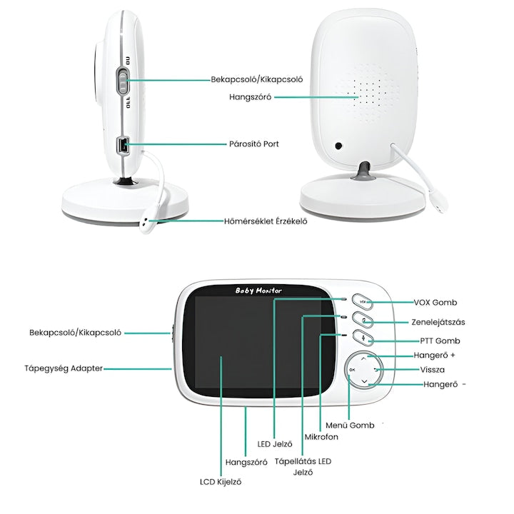 VB603 Audio-Video Babamonitor 3.2" LCD Kijelzővel – Kétirányú Kommunikáció, Hőmérséklet-figyelés és 8 Altatódal