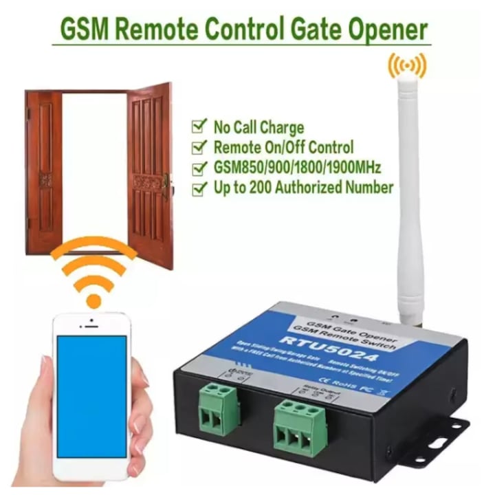 Releu deschidere porti AOVO GSM RTU5024, telecomanda cu apel/sms, fara limitare distanta, Frecventa 850/900/1800/1900 MHz