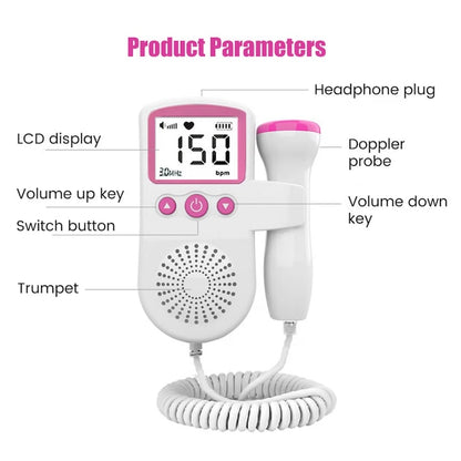 AOVO, Magzati Doppler monitor magzati életfunkciók mérésére, LCD kijelzővel , zajcsökkentés, Fejhallgatóval és hangszórókkal kompatibilis, Rózsaszín