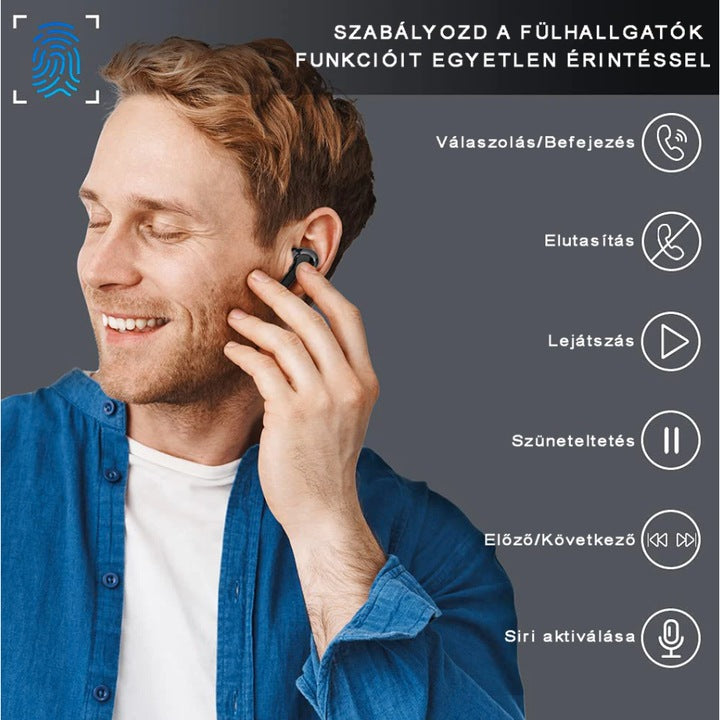 AOVO Vezeték Nélküli Fülhallgató, Bluetooth 5.0, érintésvezérlés, mágneses töltődoboz, LED kijelző, 30 órás akkumulátor-élettartam, Fekete
