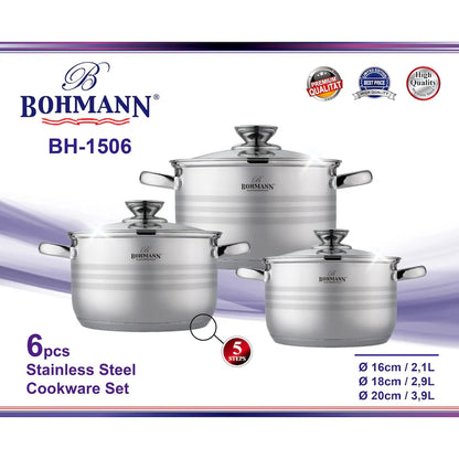 BOHMANN BH-1506 Rozsdamentes Acél Edénykészlet, 6 darabos – Ø16 cm (2,1L), Ø18 cm (2,9L), Ø20 cm (3,9L)