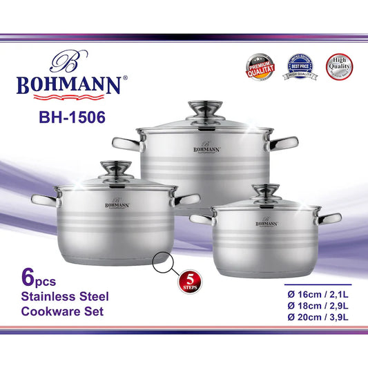 BOHMANN BH-1506 Rozsdamentes Acél Edénykészlet, 6 darabos – Ø16 cm (2,1L), Ø18 cm (2,9L), Ø20 cm (3,9L)