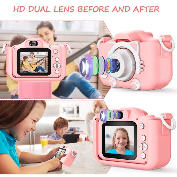 Gyerek kamera, 32 GB-os SD-kártya 1080P HD, 23 millió pixel, 2,0 hüvelykes, 600 mAh, 3 éves kortól, rózsaszín