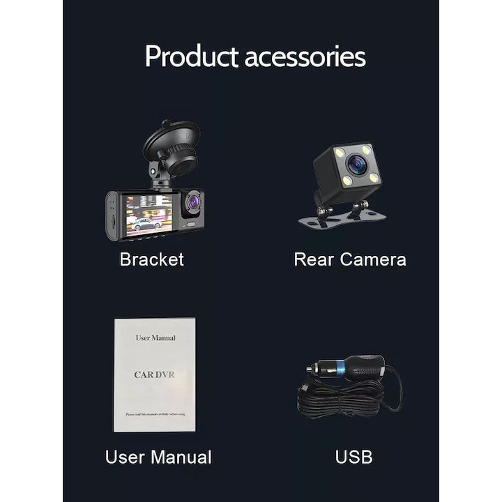 Háromszoros Fedélzeti Kamera, Full HD 1080P, 170° Szög, Éjjellátó, G-Érzékelő, 32GB Kártyával