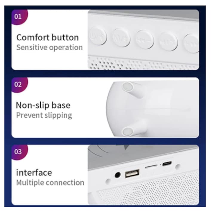 AOVO RGB led asztali lámpa 3 az 1-ben, vezeték nélküli töltőállomással, Bluetooth zene, FM, USB, 1500 mh, fehér