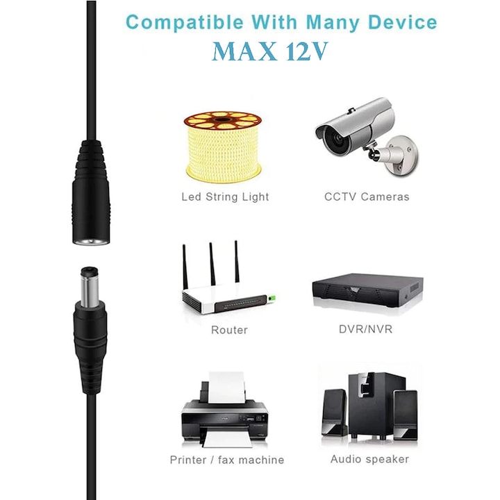 DC tápegység hosszabbító kábel, 12V, 2.1mm x 5.5mm, Fekete