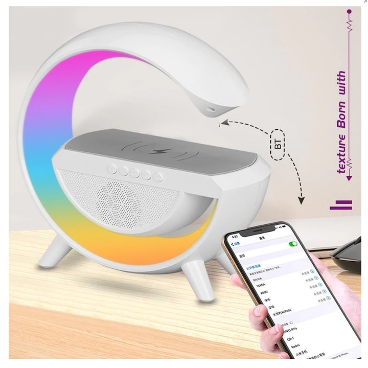 AOVO RGB led asztali lámpa 3 az 1-ben, vezeték nélküli töltőállomással, Bluetooth zene, FM, USB, 1500 mh, fehér