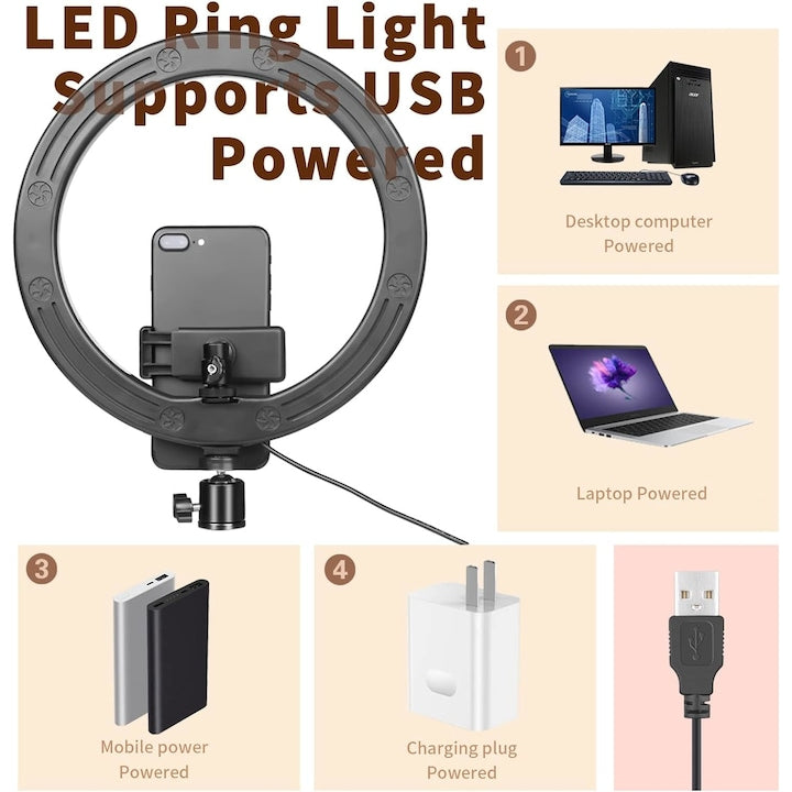 AOVO Ring Light körlámpa, átmérője 26cm / 10inch LED, természetes fény / hideg / meleg, fényerő-szabályozás, telefon tartó, állvány 210 cm-es
