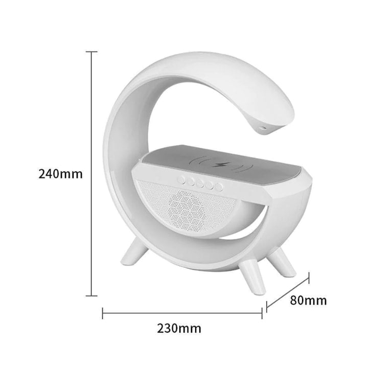 AOVO RGB led asztali lámpa 3 az 1-ben, vezeték nélküli töltőállomással, Bluetooth zene, FM, USB, 1500 mh, fehér