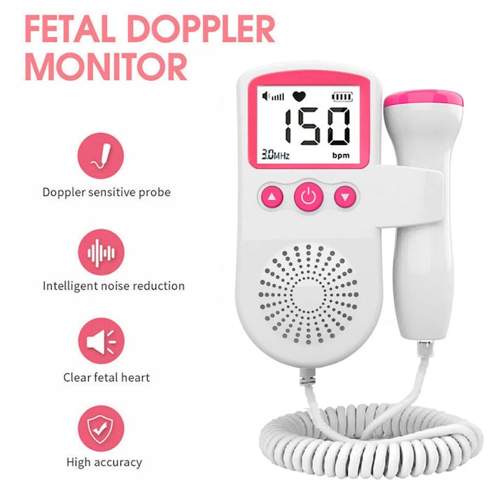 AOVO, Magzati Doppler monitor magzati életfunkciók mérésére, LCD kijelzővel , zajcsökkentés, Fejhallgatóval és hangszórókkal kompatibilis, Rózsaszín