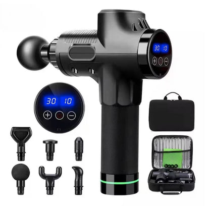 AOVO Profi Masszázspisztoly – 30 fokozatú mélyizomlazító, 10 cserélhető fejjel, 2500 mAh akkumulátorral, 6 órás üzemidővel