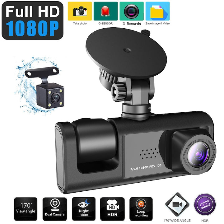 Háromszoros Fedélzeti Kamera, Full HD 1080P, 170° Szög, Éjjellátó, G-Érzékelő, 32GB Kártyával