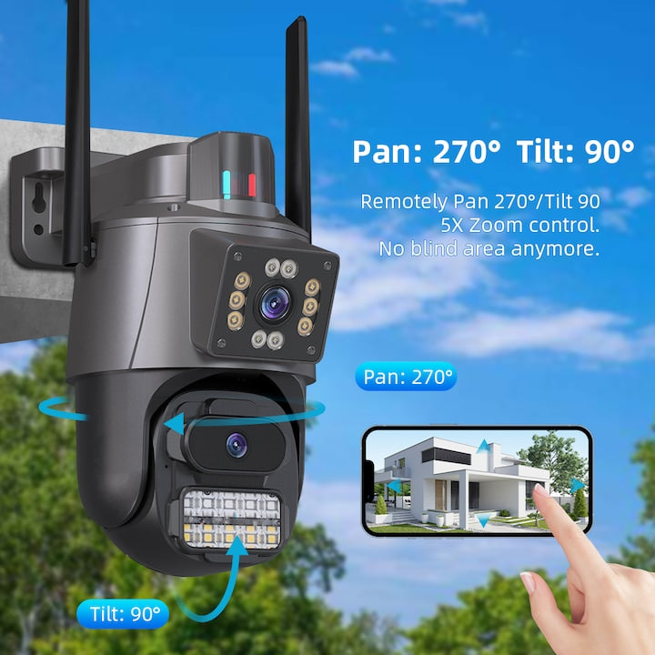 AOVO P11 Pro dual WIFI térfigyelő kamera, 6MP, kültéri/beltéri, Ultra HD, 5X zoom, forgatás, világító LED-ek, kétirányú kommunikáció, riasztó, mozgásérzékelő, fekete