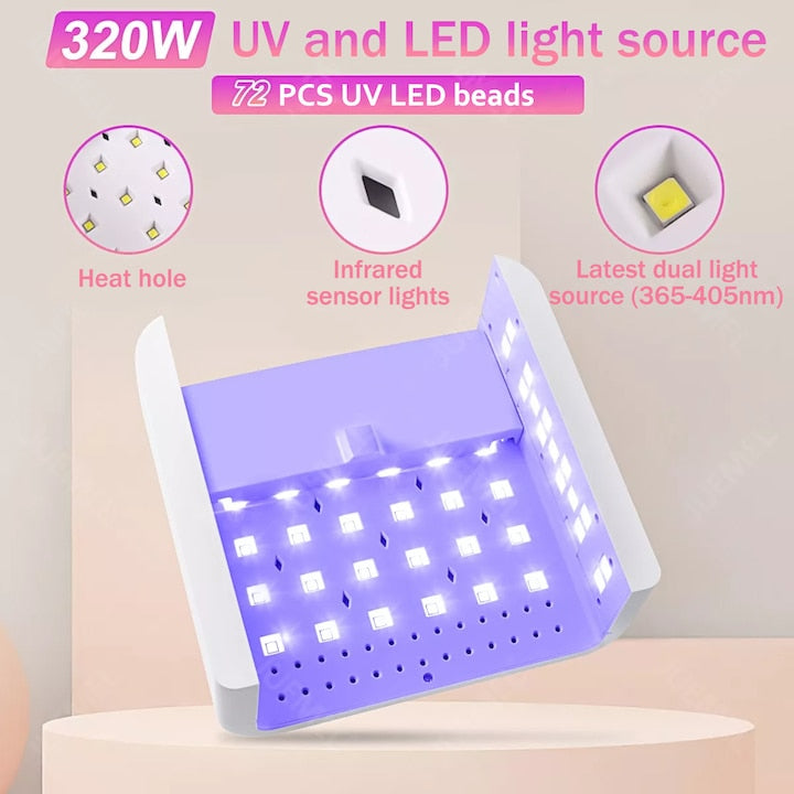 AOVO SUN H72 Professzionális 320W UV LED Körömlámpa – 72 LED, Összecsukható Design, 4 Időzítő (10s/30s/60s/99s), Mozgásérzékelő, Szalon és Otthoni Használatra, Fehér