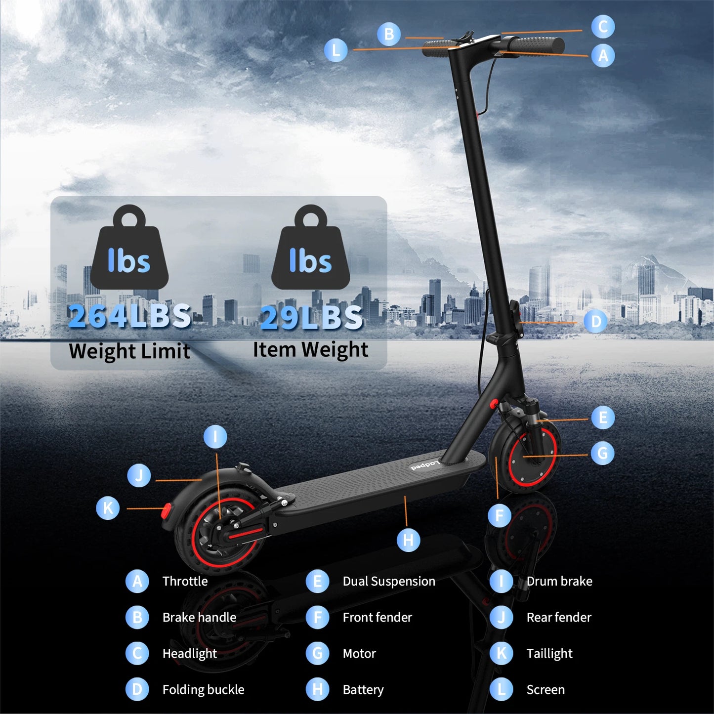 LADPED LP07 Elektromos Roller – 350W, 7.8Ah, 31 km/h, Dupla Lengéscsillapító